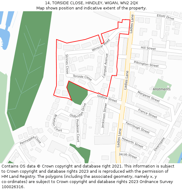 14, TORSIDE CLOSE, HINDLEY, WIGAN, WN2 2QX: Location map and indicative extent of plot
