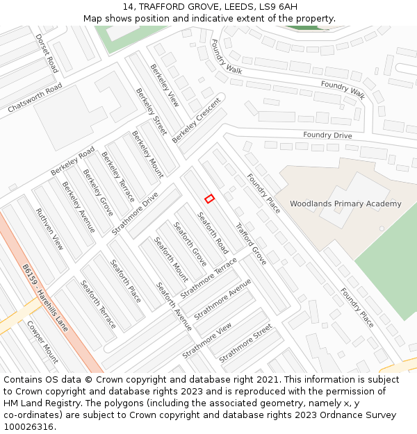 14, TRAFFORD GROVE, LEEDS, LS9 6AH: Location map and indicative extent of plot