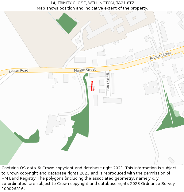 14, TRINITY CLOSE, WELLINGTON, TA21 8TZ: Location map and indicative extent of plot