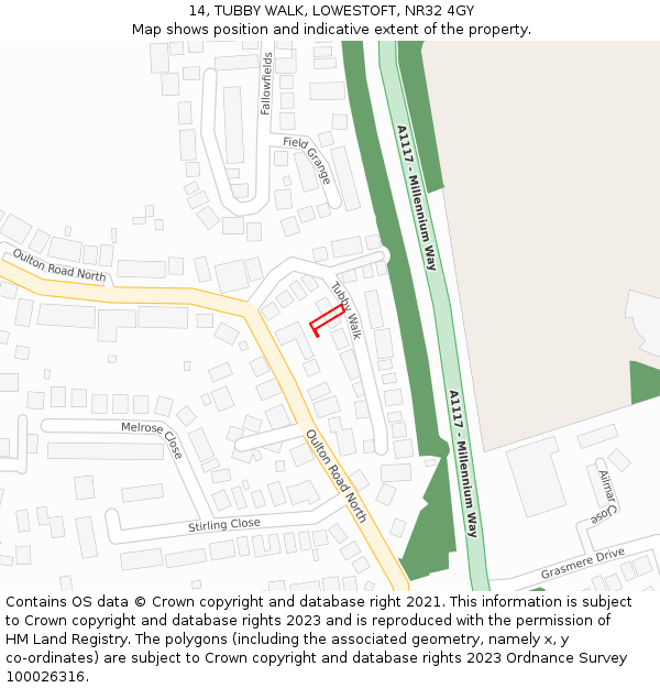14, TUBBY WALK, LOWESTOFT, NR32 4GY: Location map and indicative extent of plot