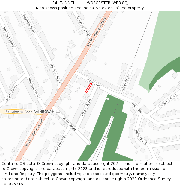 14, TUNNEL HILL, WORCESTER, WR3 8QJ: Location map and indicative extent of plot