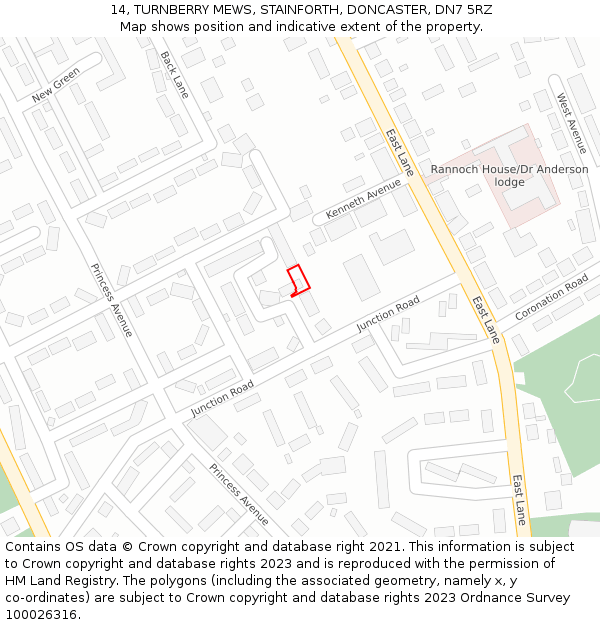14, TURNBERRY MEWS, STAINFORTH, DONCASTER, DN7 5RZ: Location map and indicative extent of plot