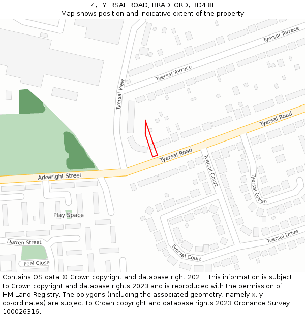14, TYERSAL ROAD, BRADFORD, BD4 8ET: Location map and indicative extent of plot