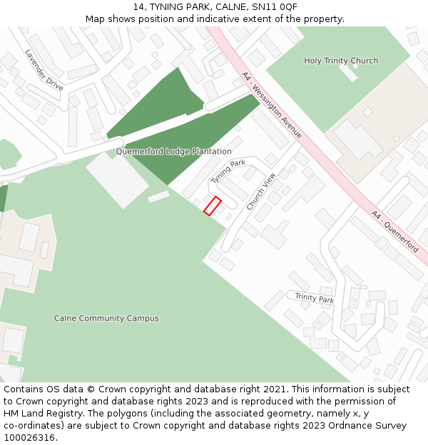 14, TYNING PARK, CALNE, SN11 0QF: Location map and indicative extent of plot