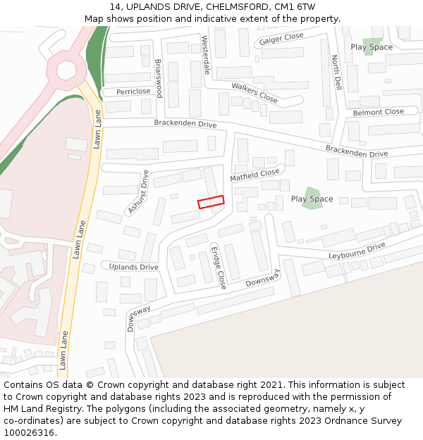 14, UPLANDS DRIVE, CHELMSFORD, CM1 6TW: Location map and indicative extent of plot