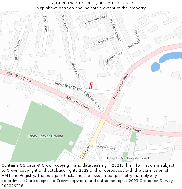 14, UPPER WEST STREET, REIGATE, RH2 9HX: Location map and indicative extent of plot