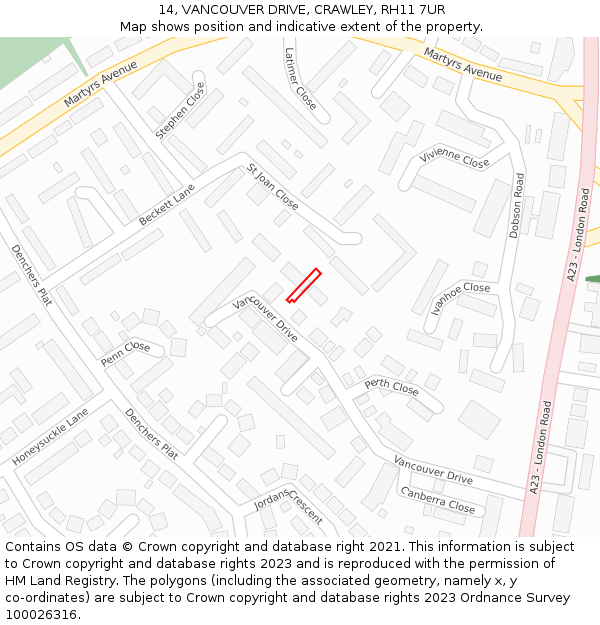14, VANCOUVER DRIVE, CRAWLEY, RH11 7UR: Location map and indicative extent of plot