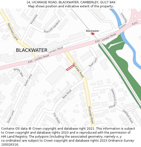14, VICARAGE ROAD, BLACKWATER, CAMBERLEY, GU17 9AX: Location map and indicative extent of plot