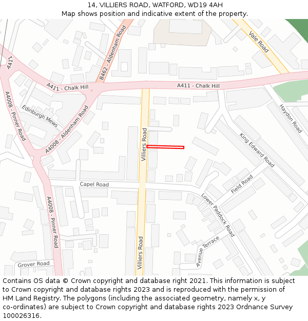 14, VILLIERS ROAD, WATFORD, WD19 4AH: Location map and indicative extent of plot