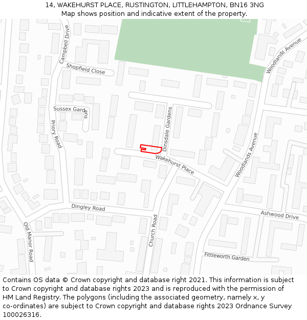 14, WAKEHURST PLACE, RUSTINGTON, LITTLEHAMPTON, BN16 3NG: Location map and indicative extent of plot