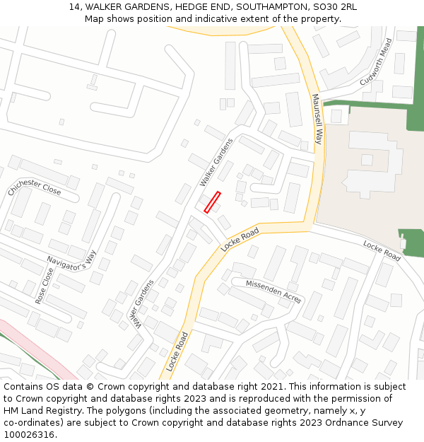 14, WALKER GARDENS, HEDGE END, SOUTHAMPTON, SO30 2RL: Location map and indicative extent of plot