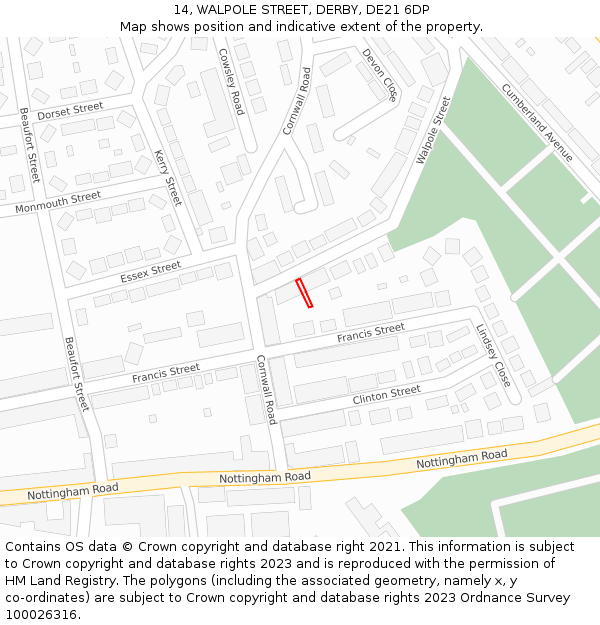14, WALPOLE STREET, DERBY, DE21 6DP: Location map and indicative extent of plot