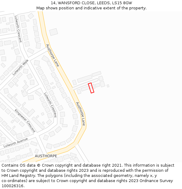 14, WANSFORD CLOSE, LEEDS, LS15 8GW: Location map and indicative extent of plot