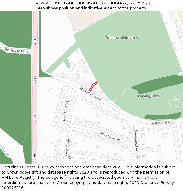 14, WASHDYKE LANE, HUCKNALL, NOTTINGHAM, NG15 6QQ: Location map and indicative extent of plot
