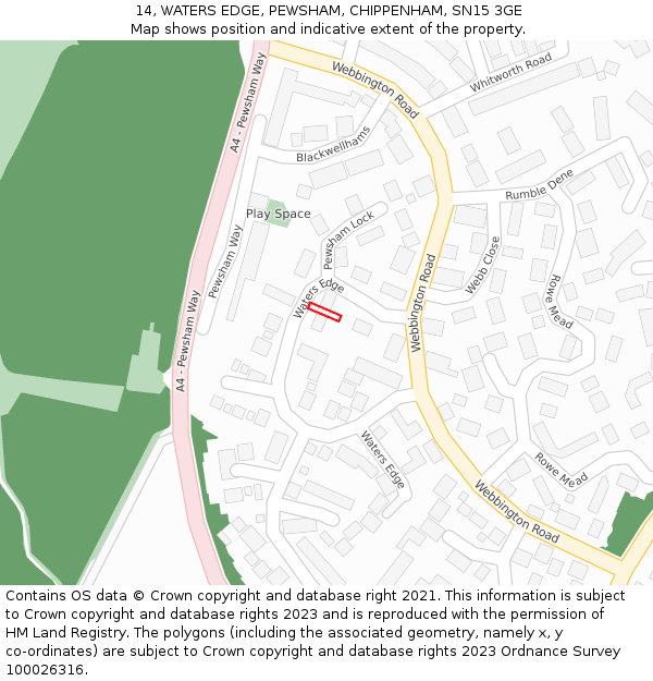 14, WATERS EDGE, PEWSHAM, CHIPPENHAM, SN15 3GE: Location map and indicative extent of plot