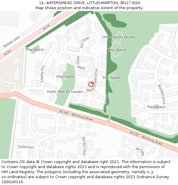 14, WATERSMEAD DRIVE, LITTLEHAMPTON, BN17 6GH: Location map and indicative extent of plot