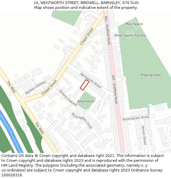 14, WENTWORTH STREET, BIRDWELL, BARNSLEY, S70 5UN: Location map and indicative extent of plot