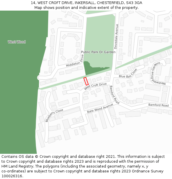 14, WEST CROFT DRIVE, INKERSALL, CHESTERFIELD, S43 3GA: Location map and indicative extent of plot