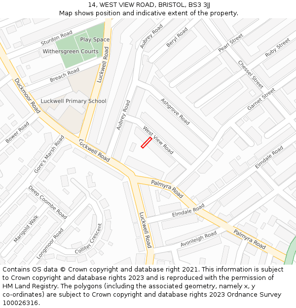 14, WEST VIEW ROAD, BRISTOL, BS3 3JJ: Location map and indicative extent of plot