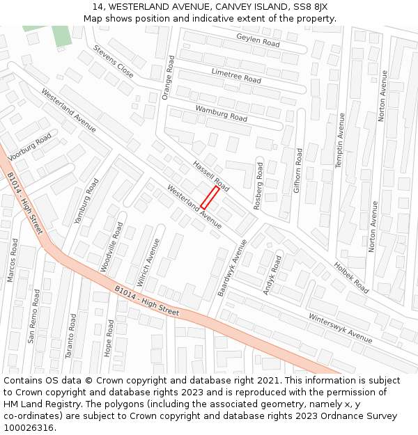 14, WESTERLAND AVENUE, CANVEY ISLAND, SS8 8JX: Location map and indicative extent of plot