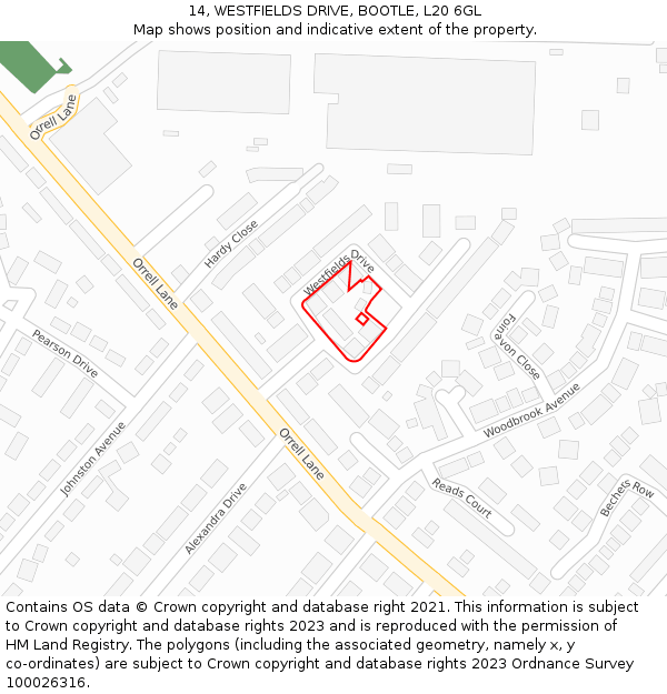 14, WESTFIELDS DRIVE, BOOTLE, L20 6GL: Location map and indicative extent of plot