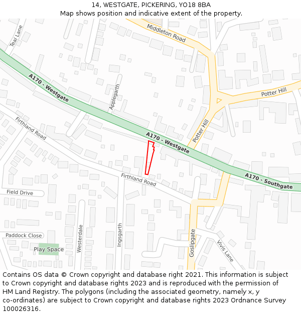 14, WESTGATE, PICKERING, YO18 8BA: Location map and indicative extent of plot