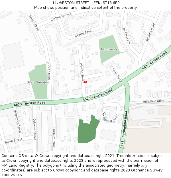 14, WESTON STREET, LEEK, ST13 6EP: Location map and indicative extent of plot