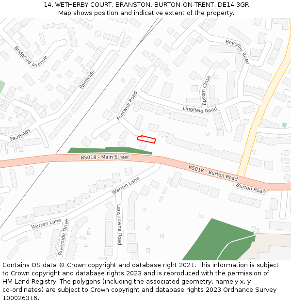 14, WETHERBY COURT, BRANSTON, BURTON-ON-TRENT, DE14 3GR: Location map and indicative extent of plot