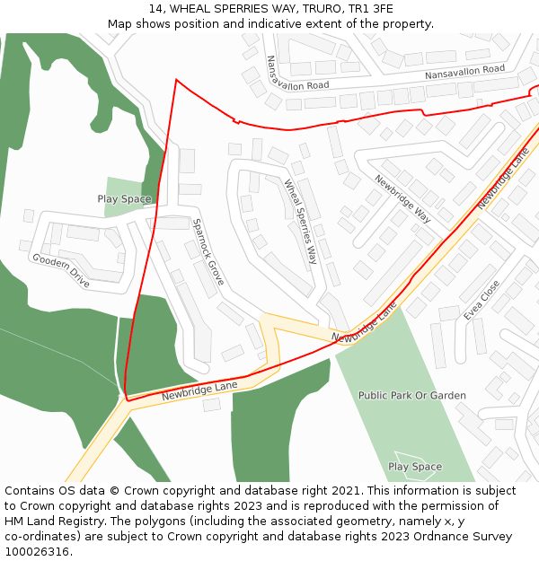 14, WHEAL SPERRIES WAY, TRURO, TR1 3FE: Location map and indicative extent of plot