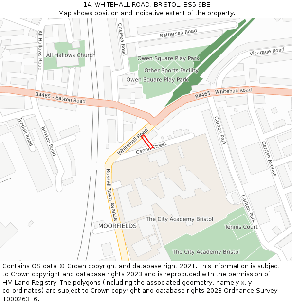 14, WHITEHALL ROAD, BRISTOL, BS5 9BE: Location map and indicative extent of plot