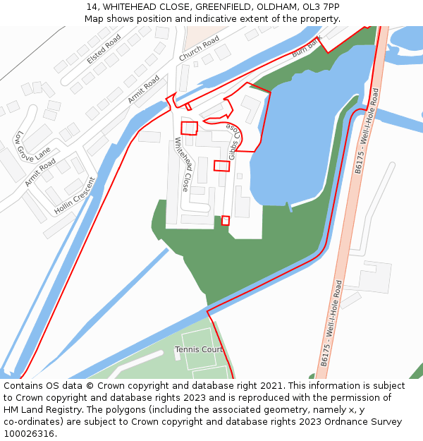 14, WHITEHEAD CLOSE, GREENFIELD, OLDHAM, OL3 7PP: Location map and indicative extent of plot