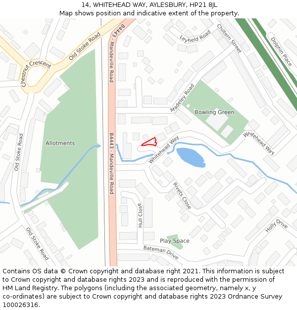 14, WHITEHEAD WAY, AYLESBURY, HP21 8JL: Location map and indicative extent of plot