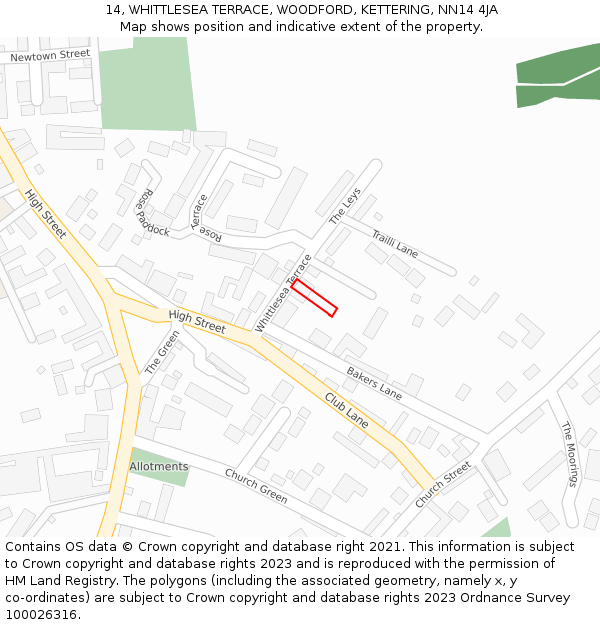 14, WHITTLESEA TERRACE, WOODFORD, KETTERING, NN14 4JA: Location map and indicative extent of plot