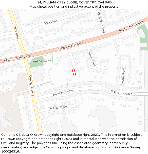 14, WILLIAM KIRBY CLOSE, COVENTRY, CV4 9AD: Location map and indicative extent of plot