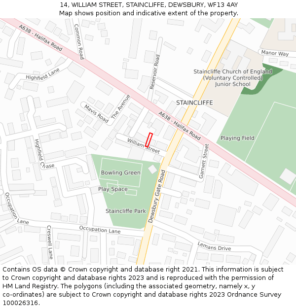 14, WILLIAM STREET, STAINCLIFFE, DEWSBURY, WF13 4AY: Location map and indicative extent of plot
