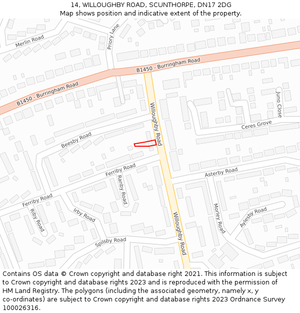 14, WILLOUGHBY ROAD, SCUNTHORPE, DN17 2DG: Location map and indicative extent of plot
