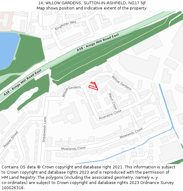 14, WILLOW GARDENS, SUTTON-IN-ASHFIELD, NG17 5JF: Location map and indicative extent of plot