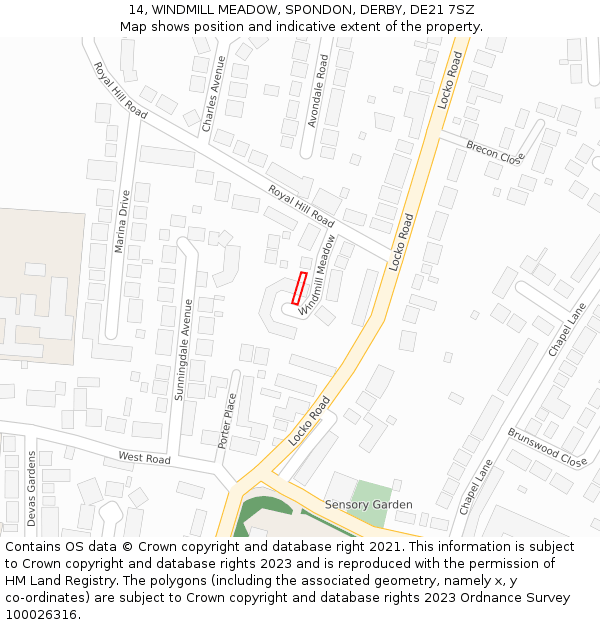 14, WINDMILL MEADOW, SPONDON, DERBY, DE21 7SZ: Location map and indicative extent of plot