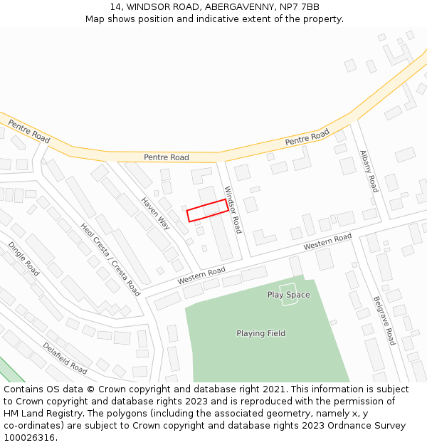 14, WINDSOR ROAD, ABERGAVENNY, NP7 7BB: Location map and indicative extent of plot