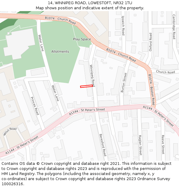14, WINNIPEG ROAD, LOWESTOFT, NR32 1TU: Location map and indicative extent of plot