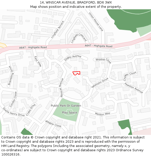 14, WINSCAR AVENUE, BRADFORD, BD6 3WX: Location map and indicative extent of plot