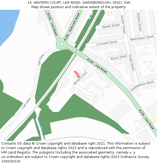14, WINTERN COURT, LEA ROAD, GAINSBOROUGH, DN21 1NA: Location map and indicative extent of plot
