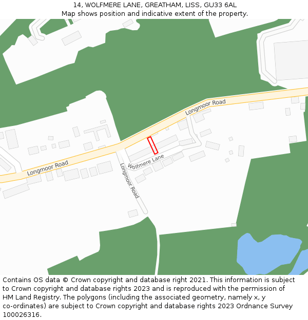 14, WOLFMERE LANE, GREATHAM, LISS, GU33 6AL: Location map and indicative extent of plot