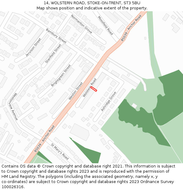 14, WOLSTERN ROAD, STOKE-ON-TRENT, ST3 5BU: Location map and indicative extent of plot