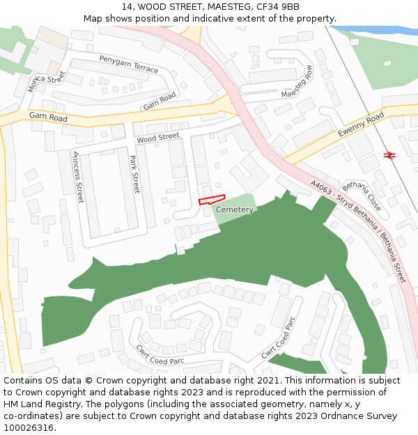 14, WOOD STREET, MAESTEG, CF34 9BB: Location map and indicative extent of plot