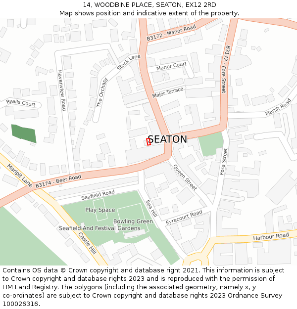 14, WOODBINE PLACE, SEATON, EX12 2RD: Location map and indicative extent of plot