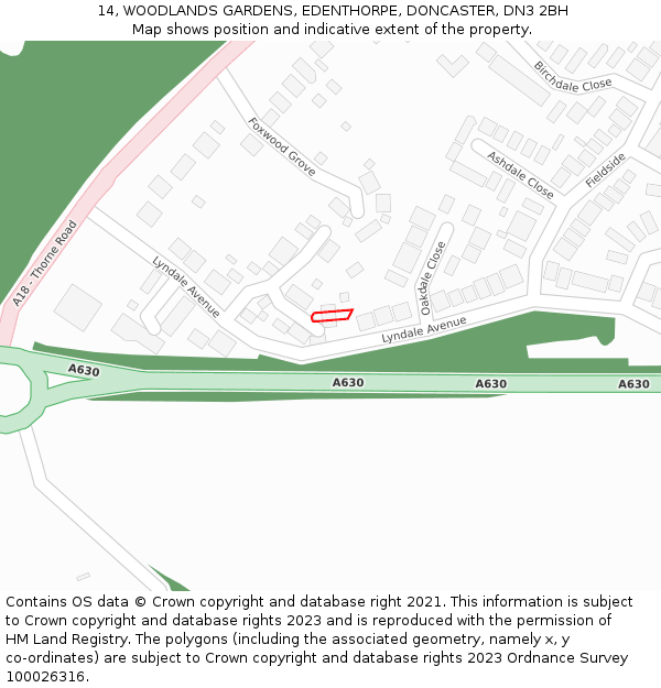 14, WOODLANDS GARDENS, EDENTHORPE, DONCASTER, DN3 2BH: Location map and indicative extent of plot