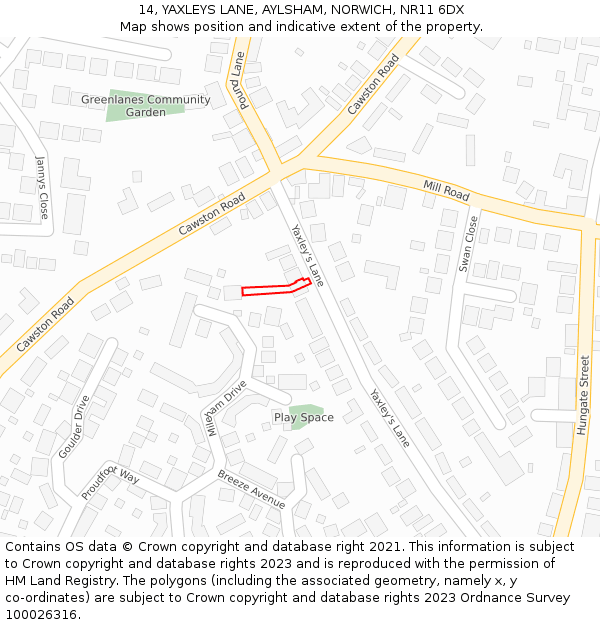 14, YAXLEYS LANE, AYLSHAM, NORWICH, NR11 6DX: Location map and indicative extent of plot