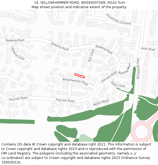 14, YELLOWHAMMER ROAD, BASINGSTOKE, RG22 5UH: Location map and indicative extent of plot