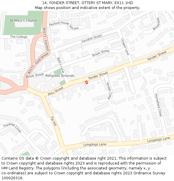 14, YONDER STREET, OTTERY ST MARY, EX11 1HD: Location map and indicative extent of plot